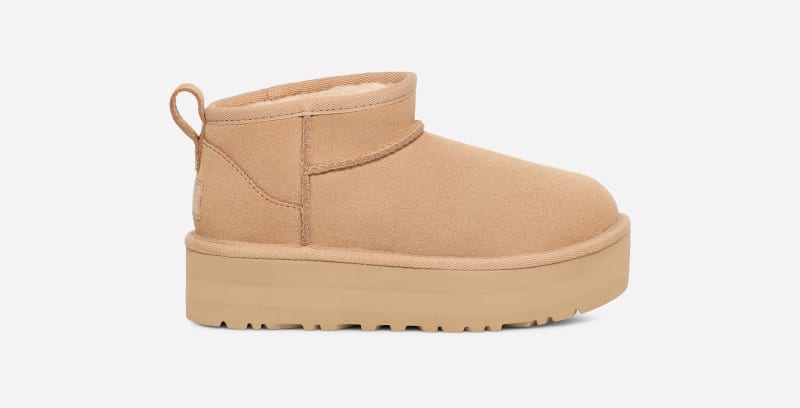 UGG Classic Ultra Mini Platform Boot for Kids in Driftwood/White Pepper, Size 12, Suede/Polyester/Wool