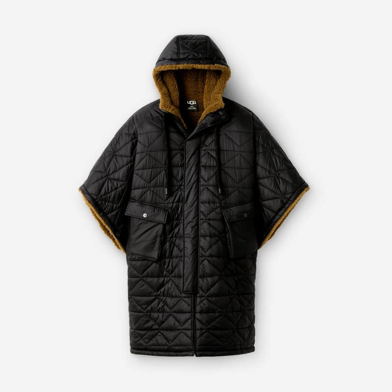 UGG Jex Reversible Cape Coat for Women in Black/Savanna, Size M/L, Polyester/Leather