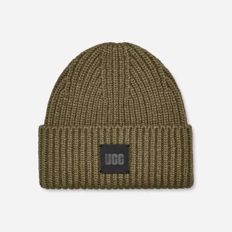 UGG Chunky Rib Beanie for Women in Green, Size OS, Wool/Leather