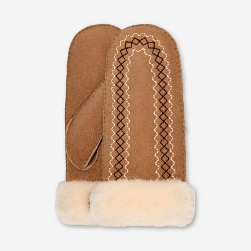 UGG Atherson Embroidered Mitten for Women in Brown, Size L/XL, Shearling/Leather
