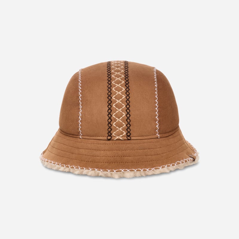 UGG® Women's Atherson Embroidered Hat Sheepskin Hats in Chestnut, Size L/XL
