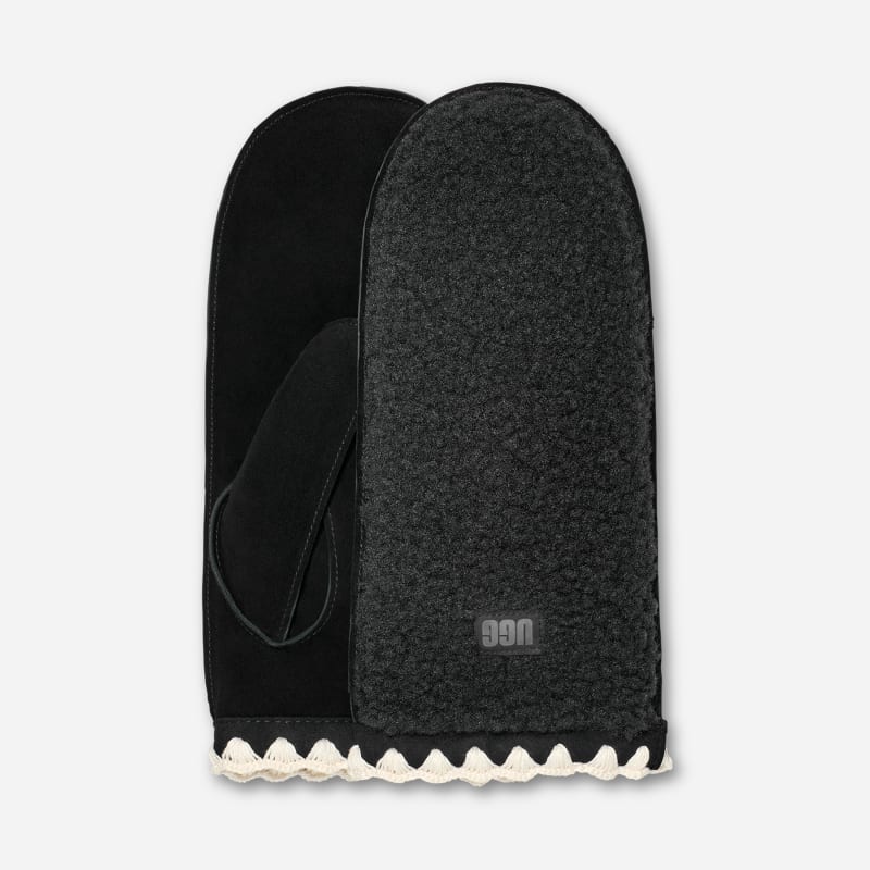 UGG fluff Scalloped Mitten for Women in Black, Size S/M, Leather/Polyester