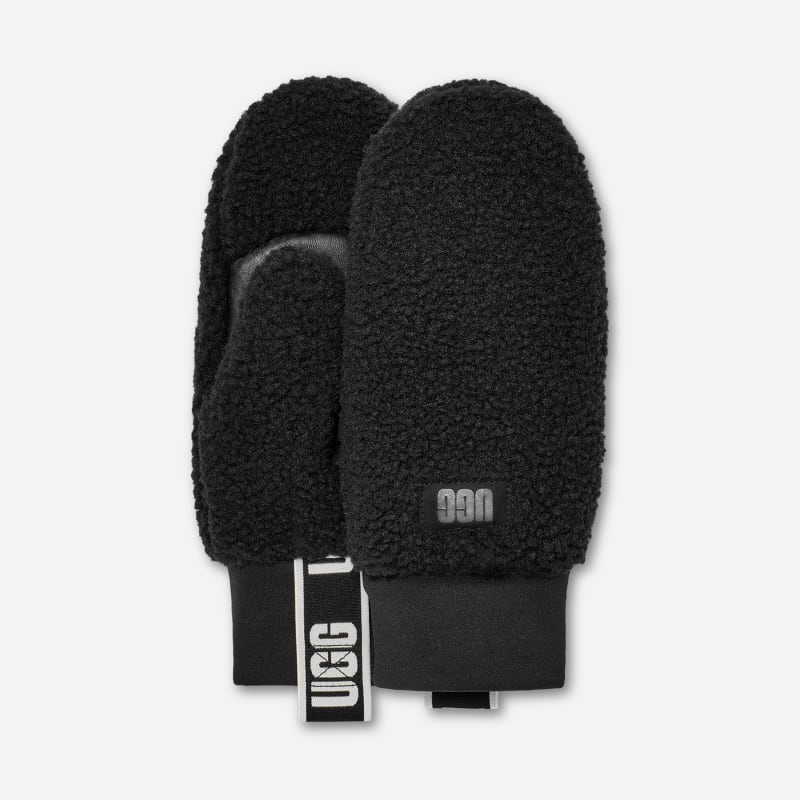 UGG fluff Logo Tape Mitten for Women in Black, Size S/M, Polyester/Leather