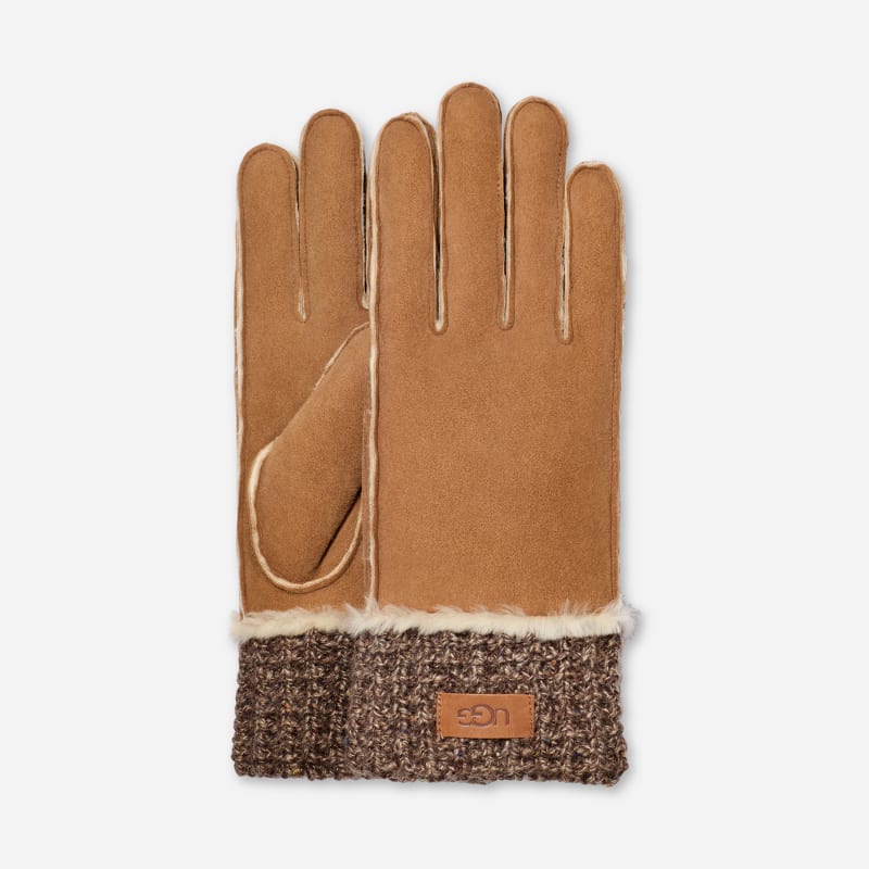UGG® Men's Sheepskin Knit Cuff Glove Sheepskin/Knit Gloves in Chestnut, Size L/XL