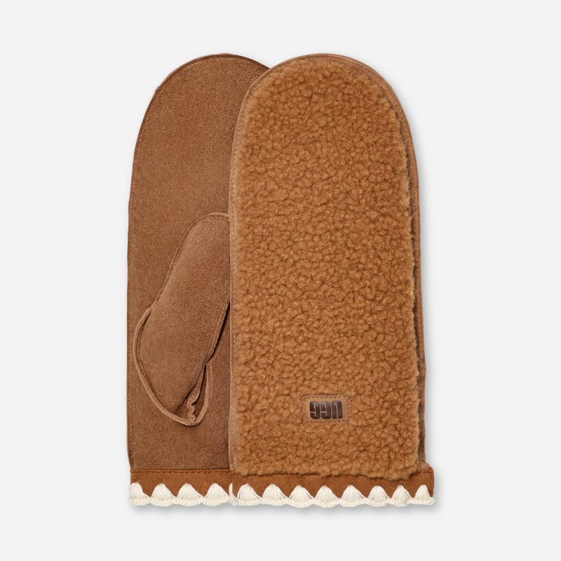 UGG Women's UGG fluff Scalloped Mitten in Brown, Size L/XL | Leather