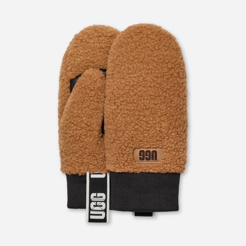 UGG fluff Logo Tape Mitten for Women in Brown, Size L/XL, Polyester/Leather