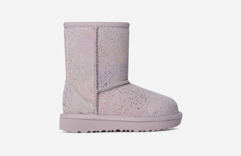 UGG Classic II Shimmer Sky Boot for Kids in Pale Smoke/Rainbow Metallic, Size 8, Suede/Polyester/Wool