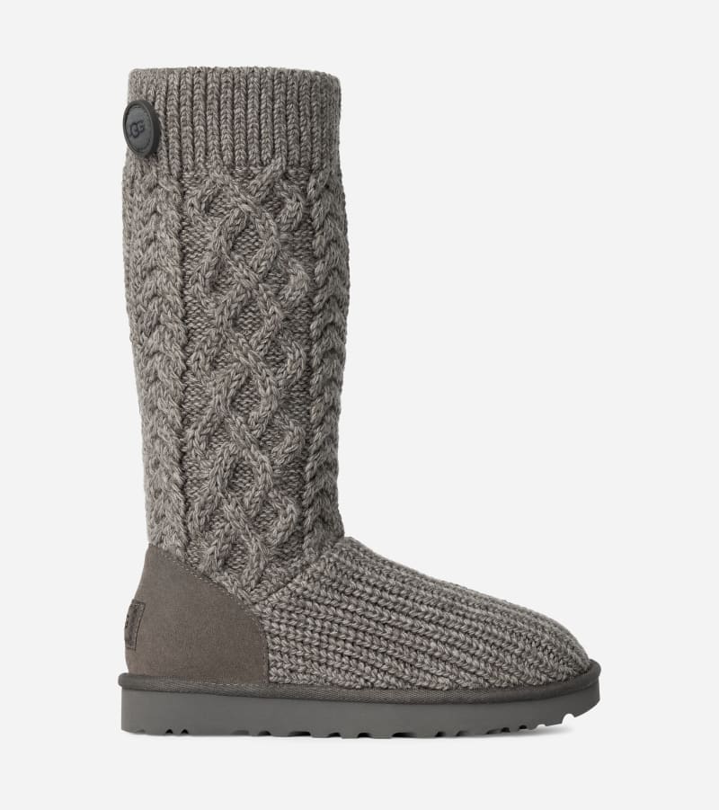 UGG Classic Cardi Cabled Knit Boot for Women in Grey, Size 3, Leather/Wool