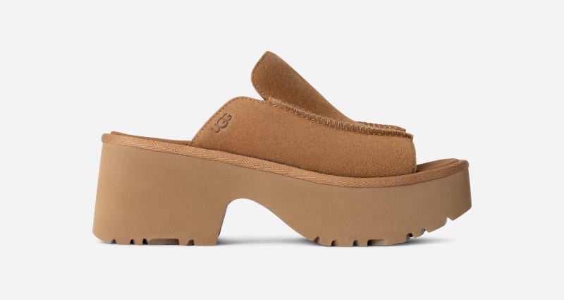 UGG New Heights Slide for Women in Brown, Size 3, Suede/Polyester