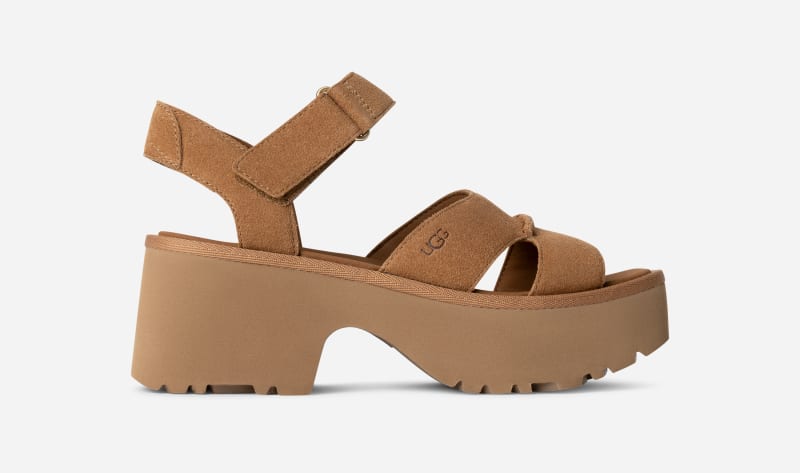 UGG New Heights Ankle Strap Sandal for Women in Brown, Size 5, Suede/Polyester