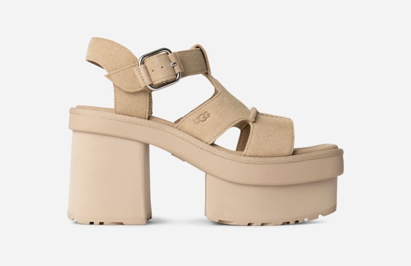 UGG New Heights Platform T-Strap Sandal for Women in Brown, Size 5, Suede/Polyester
