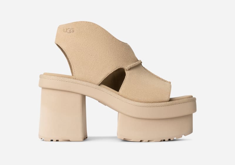 UGG New Heights Platform Sandal for Women in Brown, Size 9, Suede/Polyester