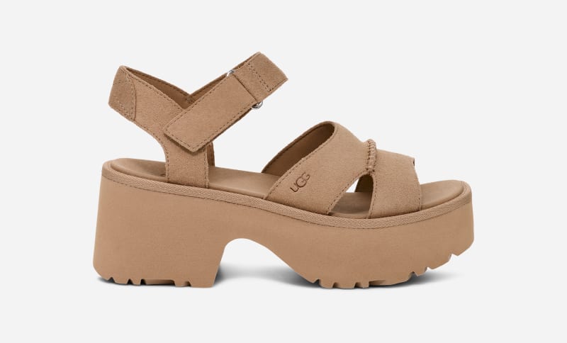 UGG New Heights Ankle Strap Sandal for Women in Brown, Size 4, Suede/Polyester