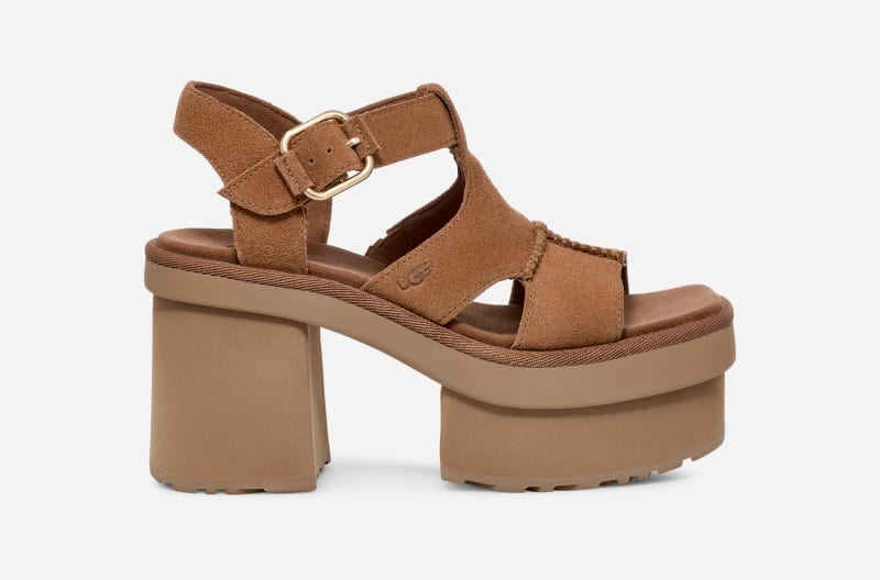 UGG New Heights Platform T-Strap Sandal for Women in Brown, Size 7, Suede/Polyester
