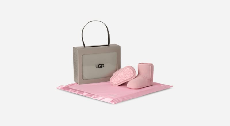 UGG Classic Boot and Lovey Blanket for Kids in Ribbon Candy, Size 2, Fleece/Suede/Wool