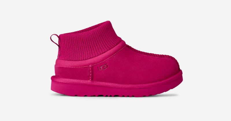 UGG Classic Ultra Mini Stretch Cuff Boot for Kids in Dark Peony, Size 1, Suede/Textile/Recycled Materials