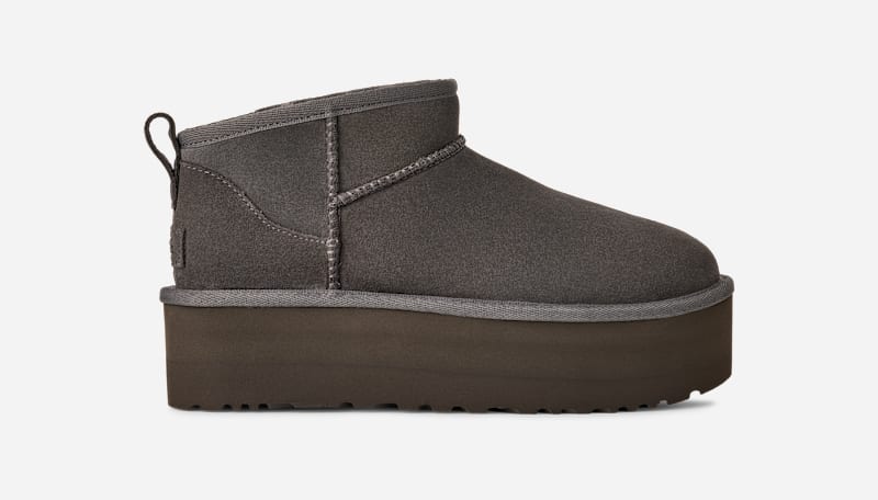 UGG Classic Ultra Mini Platform Boot for Women in Grey, Size 7, Suede/Polyester/Wool