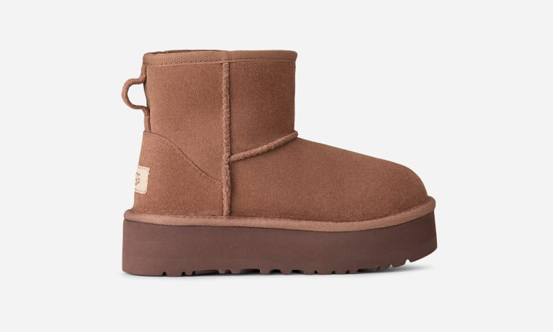 UGG Classic Mini Platform for Kids in Rocky Oak, Size 1, Suede/Polyester/Wool