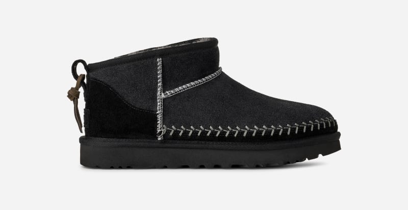UGG Classic Ultra Mini Biarritz Boot for Women in Black, Size 8, Suede/Polyester/Leather