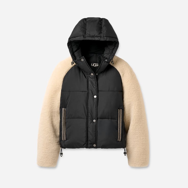 UGG Mykah braid Puffer Jacket for Women in Black/Cream, Size XS, Polyester