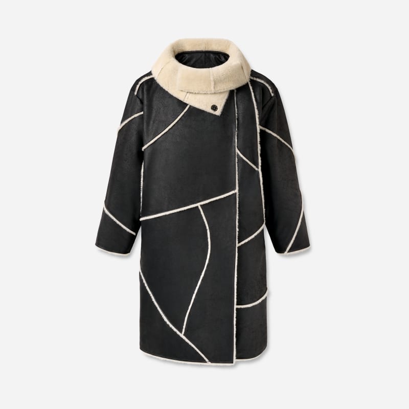 UGG Emberlynn LuxeFluff Coat for Women in Black, Size 2XS/XS, Polyester/Leather