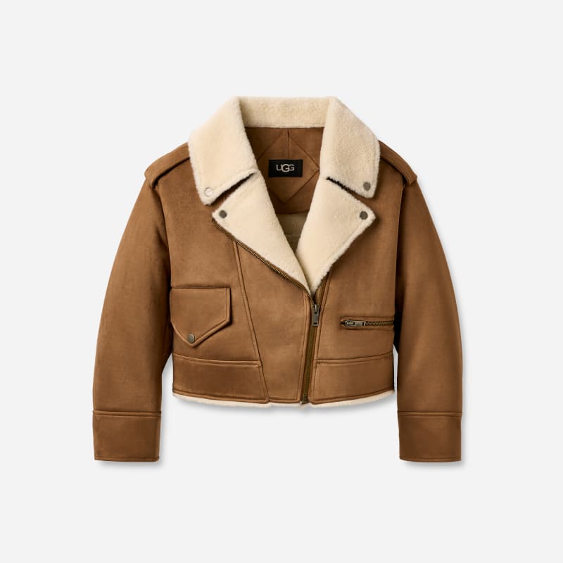 UGG Women's Finnian Luxefluff Moto Jacket in Brown, Size Large | Polyester