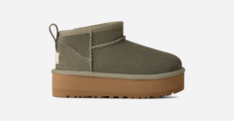 UGG Classic Ultra Mini Platform Boot for Kids in Green, Size 12K, Suede/Polyester/Wool
