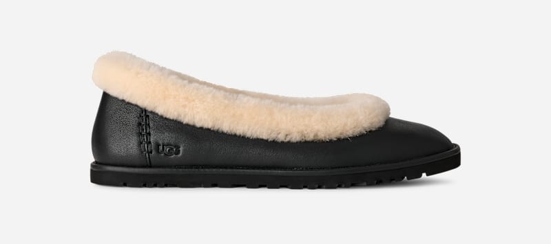 UGG Zora Leather Ballet Flat for Women in Black, Size 7