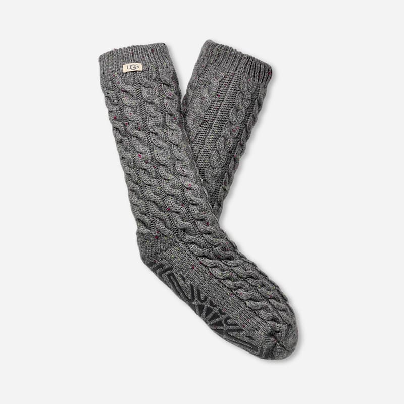 UGG Elowyn Cable Knit Fleece Lined Sock for Women in Charcoal Heather Confetti, Size OS, Acrylic Blend/Cotton/Wool