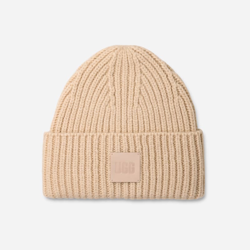 UGG Chunky Rib Beanie for Women in White, Size OS, Acrylic Blend/Leather/Wool