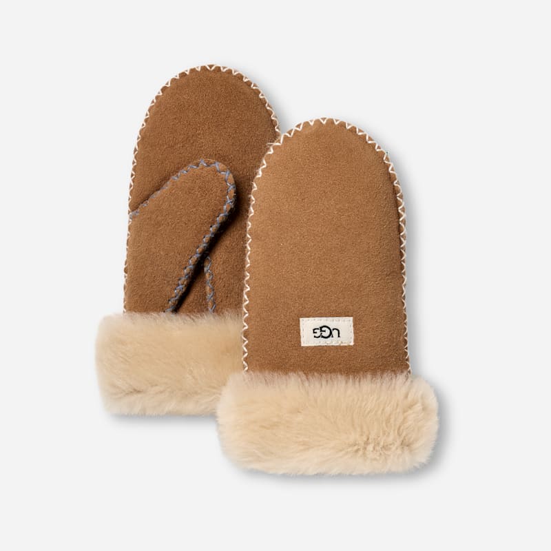 UGG Sheepskin Mitten with Stitch for Kids in Brown, Size 4/6 YRS, Shearling