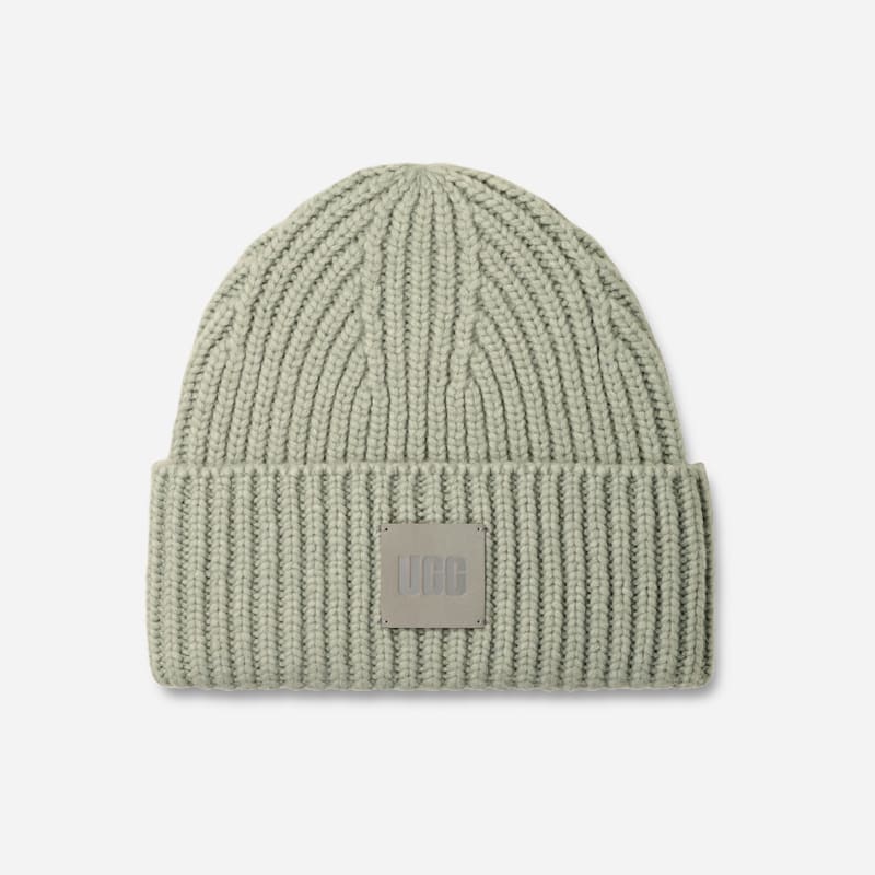 UGG Chunky Rib Beanie for Women in Grey Mist, Size OS, Acrylic Blend/Leather/Wool