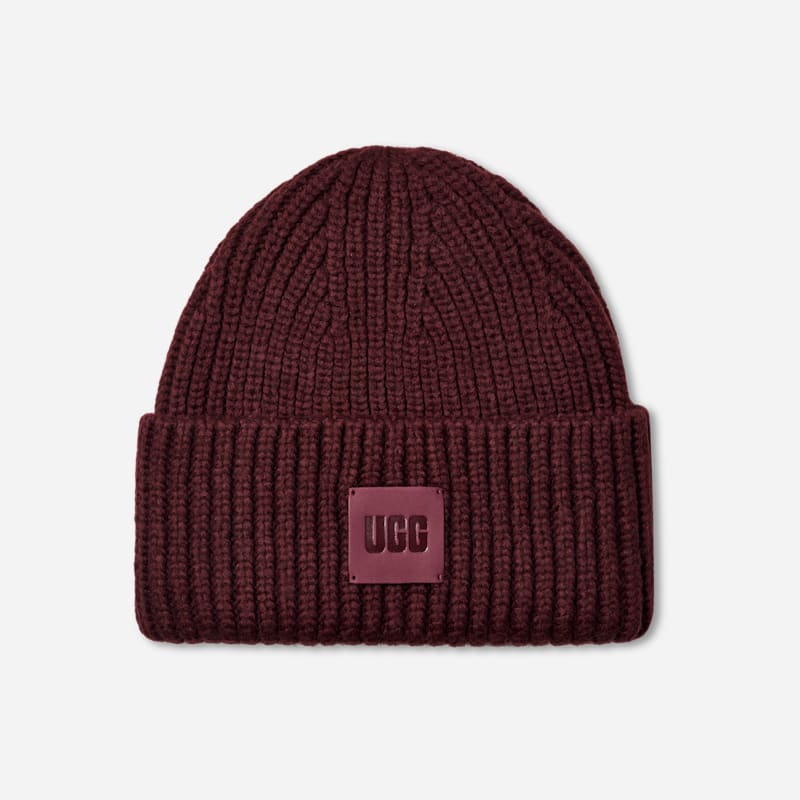UGG Chunky Rib Beanie for Women in Red, Size OS, Acrylic Blend/Leather/Wool