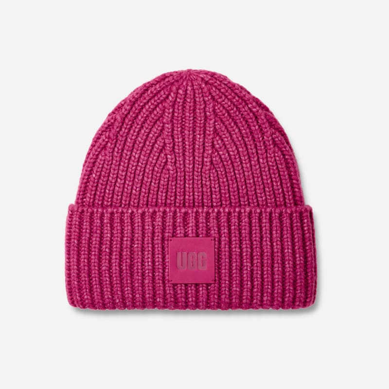 UGG Chunky Rib Beanie for Women in Chroma Pink, Size OS, Acrylic Blend/Leather/Wool
