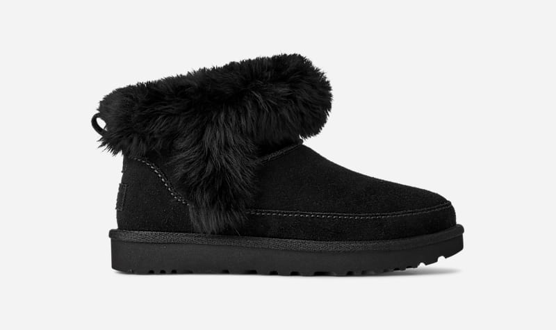 UGG Classic Ultra Mini Chalet Boot for Women in Black, Size 6, Suede/Polyester/Wool