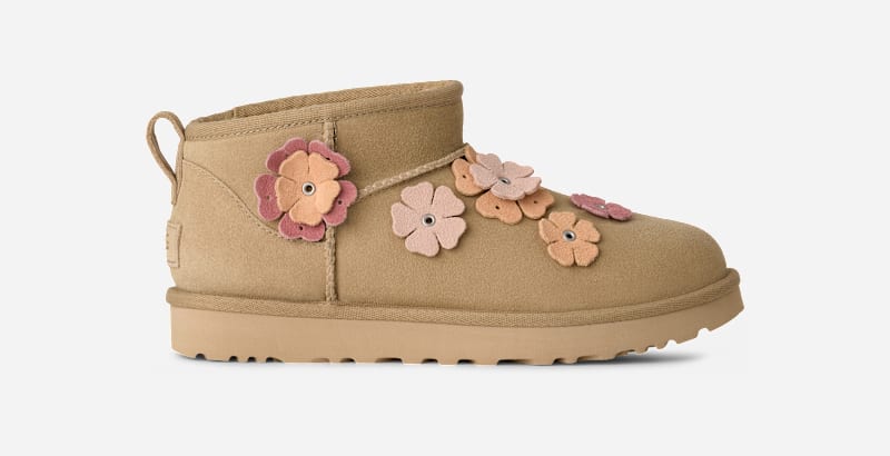 UGG Women's Classic Ultra Mini Fleur Boot in Brown, Size 39 | Suede