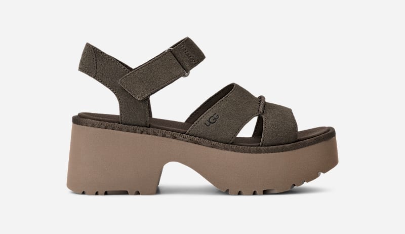 UGG New Heights Ankle Strap Sandal for Women in Dense Smoke, Size 9, Suede/Polyester