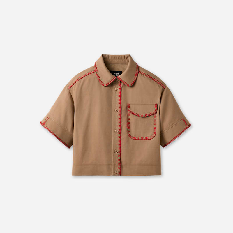 UGG Nathalia SS Button Up Top for Women in Tan, Size Large, Cotton