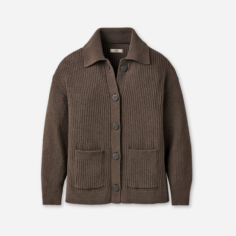 UGG® Women's Junipher Cardigan Lite Polyester/Recycled Materials Tops in Dense Smoke, Size 1X