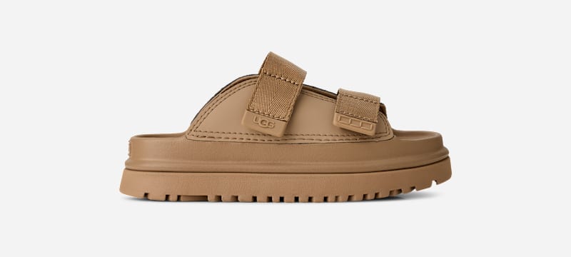 UGG GoldenGlow Slide for Kids in Dark Sand, Size 2, Synthetic/Polyester