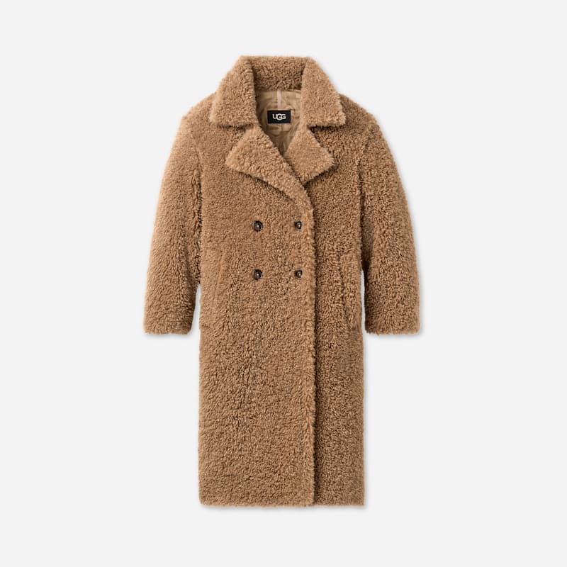UGG® Gertrude Long Teddy Coat II in Sand, Maat L, Faux Fur