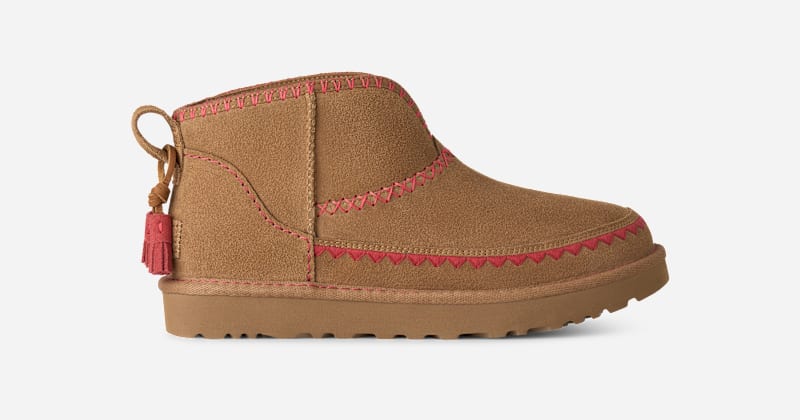 UGG Ultra Mini Elaria Stitch Boot for Women in Brown, Size 8, Leather/Wool