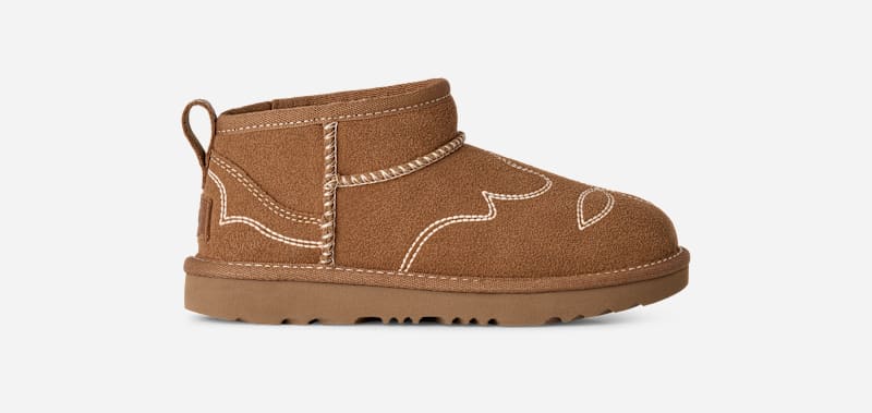 UGG® Classic Ultra Mini Western Boot in Brown, Size 2, Polyester/Leather/Wool