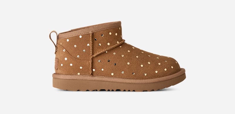 UGG® Classic Ultra Mini Shiny Dots Boot in Brown, Size 2, Polyester/Wool