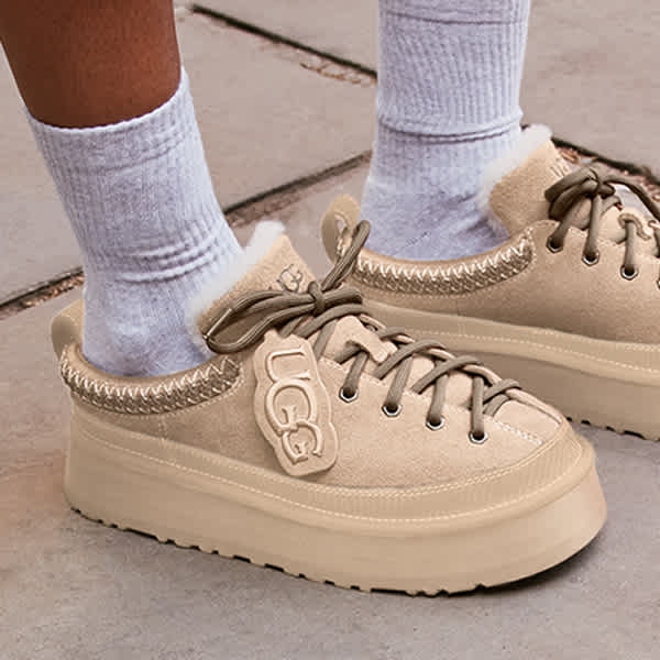Collage featuring UGG shoes styled with a grey hoodie and shorts, alongside close-up views of the footwear.