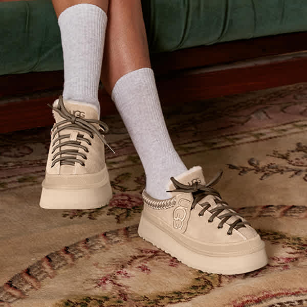 Collage featuring UGG shoes styled with a grey hoodie and shorts, alongside close-up views of the footwear.