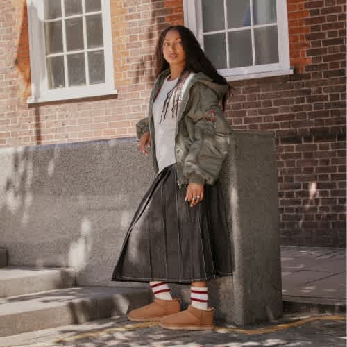 Collage of three looks featuring UGG footwear styled with layered outerwear, shorts and skirts.
