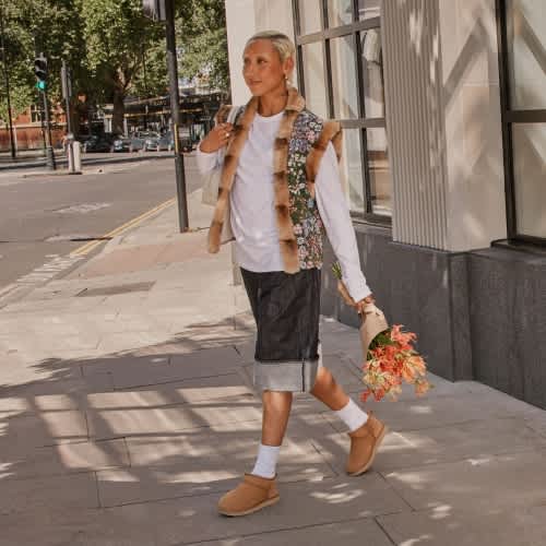 Collage of three looks featuring UGG footwear styled with layered outerwear, shorts and skirts.