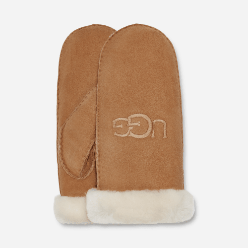 UGG Sheepskin Embroider Mitten for Women in Brown, Size S/M, Shearling