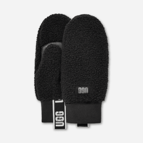 UGG UGG fluff Mitten With Logo Tape for Women in Black, Size L/XL, Fleece/Polyester/Leather